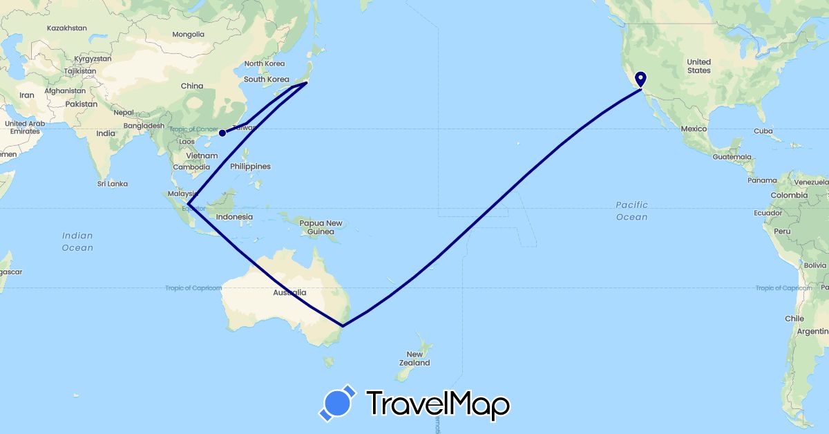 TravelMap itinerary: driving in Australia, China, Japan, Singapore, Taiwan, United States (Asia, North America, Oceania)